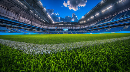 Fototapeta premium A view of a soccer field with green grass and blue seats under a bright sky in a large stadium area