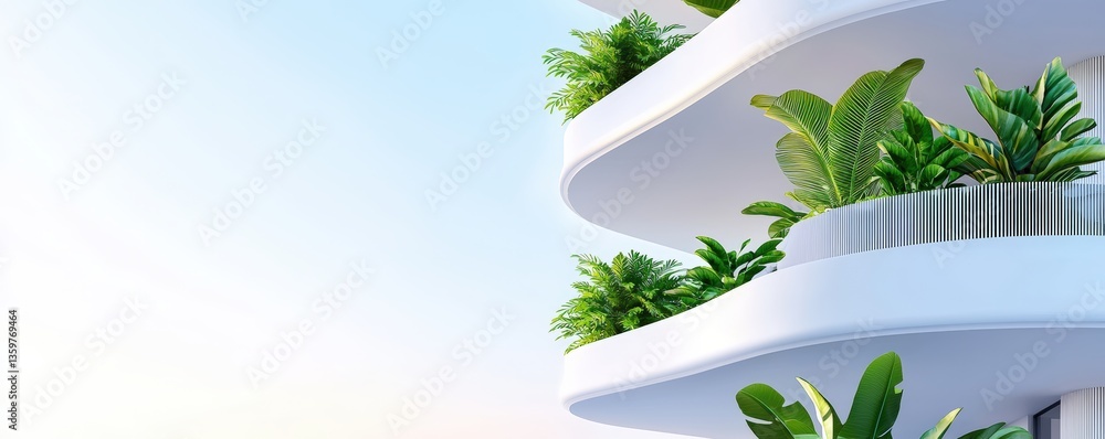 Poster a modern building with curved balconies adorned with lush green plants, creating a harmonious blend 