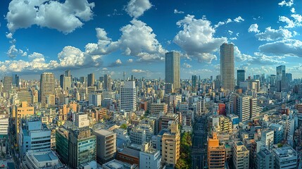 Fototapeta premium Tokyo anime cityscape with towering skyscrapers, a brilliant blue sky with puffy clouds, and colorful rooftop details visible across the skyline, warm sunlight enhancing the scene 