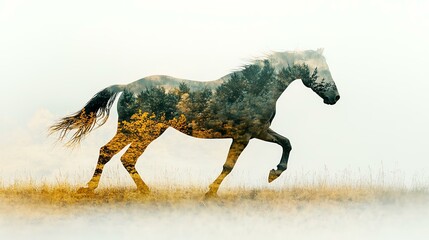 Fototapeta premium A majestic horse running through a misty field.