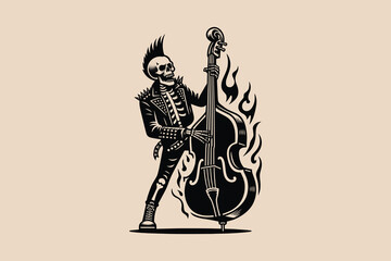 Skeleton rock musician with upright bass, punk outfit, and mohawk © Victoria