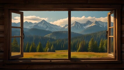 Aged wooden window frame showcasing a cozy cabin interior with mountain views