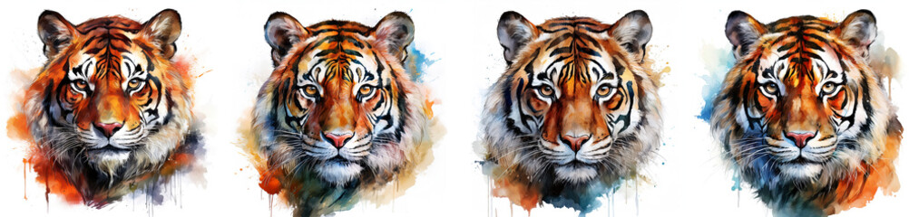 Fototapeta premium Illustration of a group of tiger heads isolated on white background, collection and variation. Watercolor illustration with bright colors. Tiger looking at camera. Generative Ai.