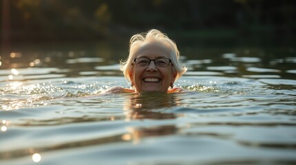 Fototapeta premium Joyful swimmer embraces water as sunlight dances on the surface during a serene afternoon at the lake