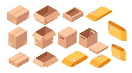 Collection of isometric cardboard boxes and packaging. Different sizes of open and closed brown cartons. Yellow kraft paper parcels containers. Vector illustration isolated on white background