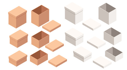 Isometric set of cardboard boxes in different colors. Brown and white shipping cartons. Various sizes of storage containers. Packaging for e-commerce. Vector illustration isolated on white background
