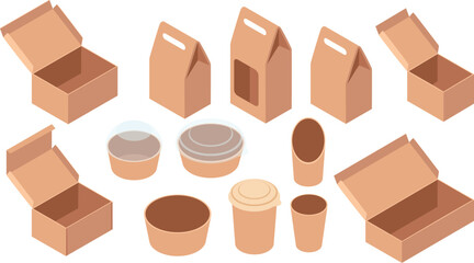 Collection of isometric packaging containers. Fast food takeaway package. Set of cylindrical cardboard tubes and containers. .Vector illustration isolated on white background