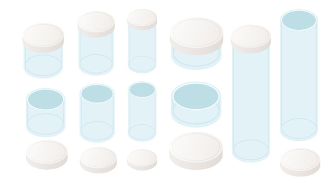 Isometric set of cylindrical containers. Various sizes of jars and tubes. Clear and white storage vessels. Laboratory or cosmetic packaging. Vector illustration isolated on white background