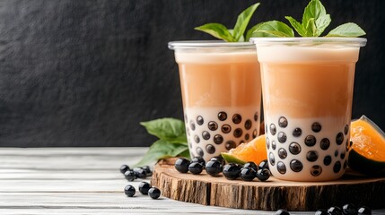 Refreshing Peach Boba Tea with Tapioca Pearls in Plastic Cups