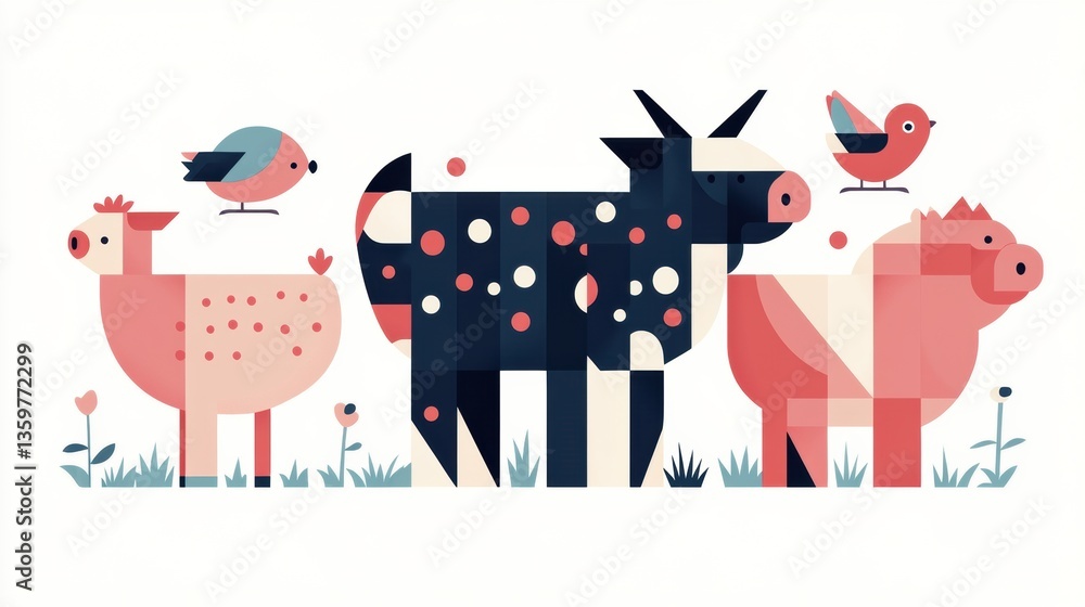 Aufkleber minimalist geometric illustration of cows pigs and chickens in vibrant colors with modern design gen