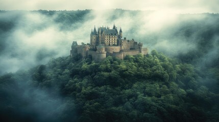 Naklejka premium A beautiful European castle perched atop a hill, surrounded by misty forests, representing fairytale destinations and historical tourism.