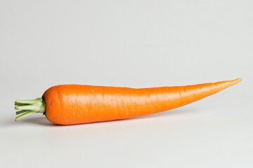 A single fresh orange carrot with green leafy stem detail
