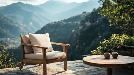 Obraz premium A comfortable wooden armchair with a pillow sits beside a round table on a scenic terrace, with a dreamy mountain view.