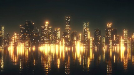 Fototapeta premium Vibrant city skyline at night with skyscrapers glowing in warm yellow and white lights, reflections shimmering on nearby water, a dark, clear sky enhancing the urban brilliance 