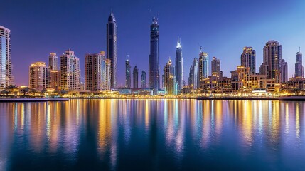 Fototapeta premium Vibrant city skyline at night with skyscrapers glowing in warm yellow and white lights, reflections shimmering on nearby water, a dark, clear sky enhancing the urban brilliance 