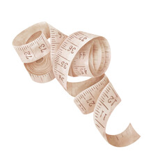 Measuring tape isolated on white.  Watercolor illustration of a twisted centimeter tape for tailors. Sewing supplies in vintage style.