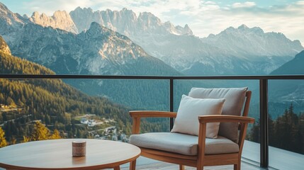 A warm wooden armchair with a comfy pillow sits next to a round table on a balcony, with a stunning mountain range in the background.