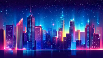 Vibrant city skyline at night with twinkling stars scattered across the sky, buildings outlined in neon lights, and a faint Milky Way visible above the urban glow 