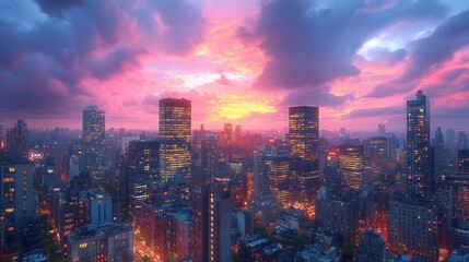 Fototapeta premium Vibrant sunset over city skyline with illuminated skyscrapers and dramatic clouds.