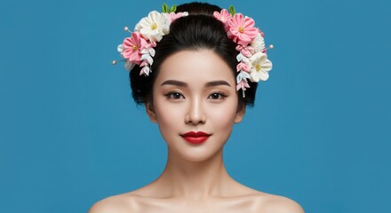 春の桜の花冠をつけた美しい日本人女性ポートレート｜清楚で上品な和風ヘアスタイルモデル