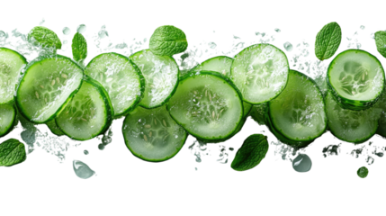 Cucumber and Mint Symphony: Sliced cucumbers and fresh mint leaves dance amidst glistening water droplets, offering a refreshing and vibrant visual feast