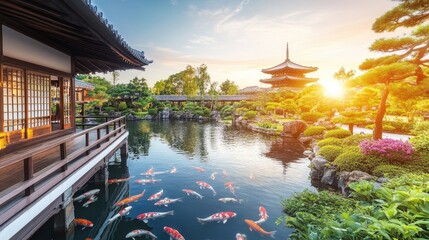 Obraz premium A charming Japanese garden with koi ponds, pagodas, and lush greenery, capturing cultural travel.