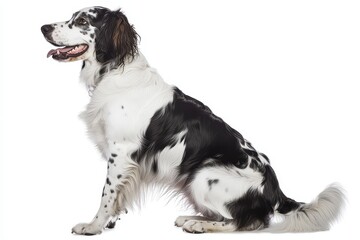 A playful black and white dog sitting gracefully against a white background, showcasing its playful demeanor