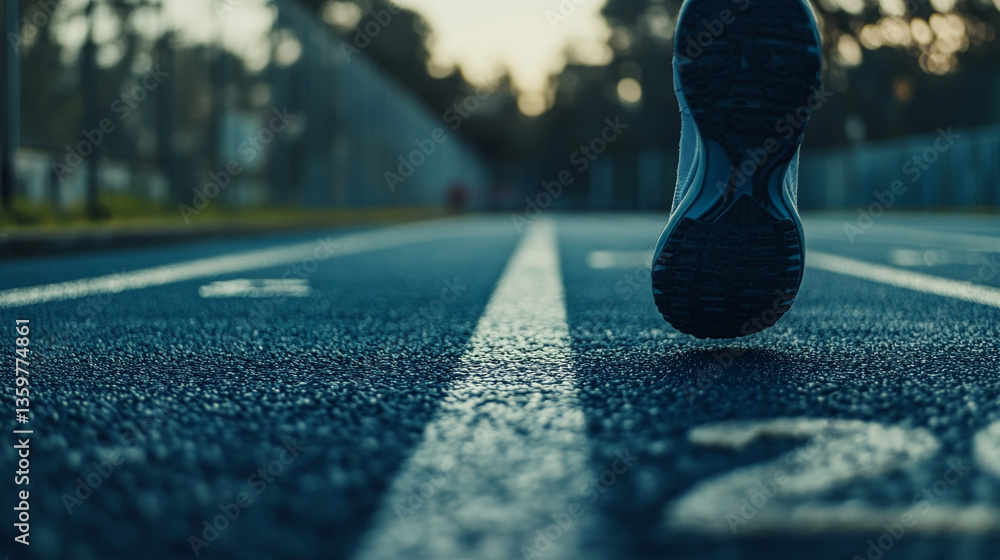 Poster a close up of a running shoe on a blue track with white lines and trees in the background blur