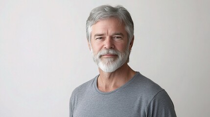 Obraz premium Serious Gray Haired Bearded Man Wearing Gray Shirt Smiling Portrait
