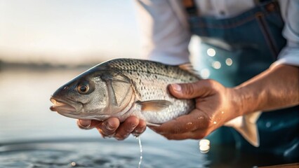 Fototapeta premium Close-up of fisherman in overalls proudly holding freshly caught silver bass fish over water, representing skillful angling, traditional fishing and riverside lifestyle