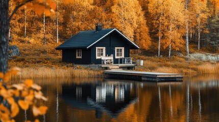 Fototapeta premium A cozy lakeside cabin with a wooden dock, surrounded by autumn foliage, perfect for a peaceful nature retreat.