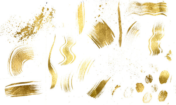 Set Gold Foil brush stroke, gold splatter glitter. Golden  stroke on transparent background. PNG gold glitter.Abstract shiny  png design element  with glowing golden particles. Premium design,wedding.