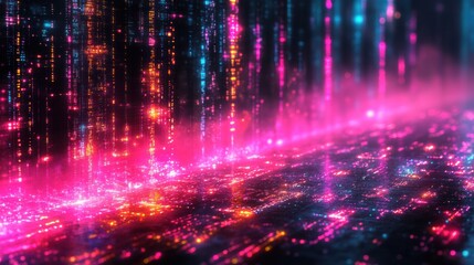 Obraz premium Abstract digital city landscape with glowing neon lights and data streams.