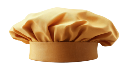 Culinary Cap: A close-up captures a classic chef's hat in a professional kitchen setting. The soft fabric drapes elegantly, symbolizing expertise and the culinary arts.