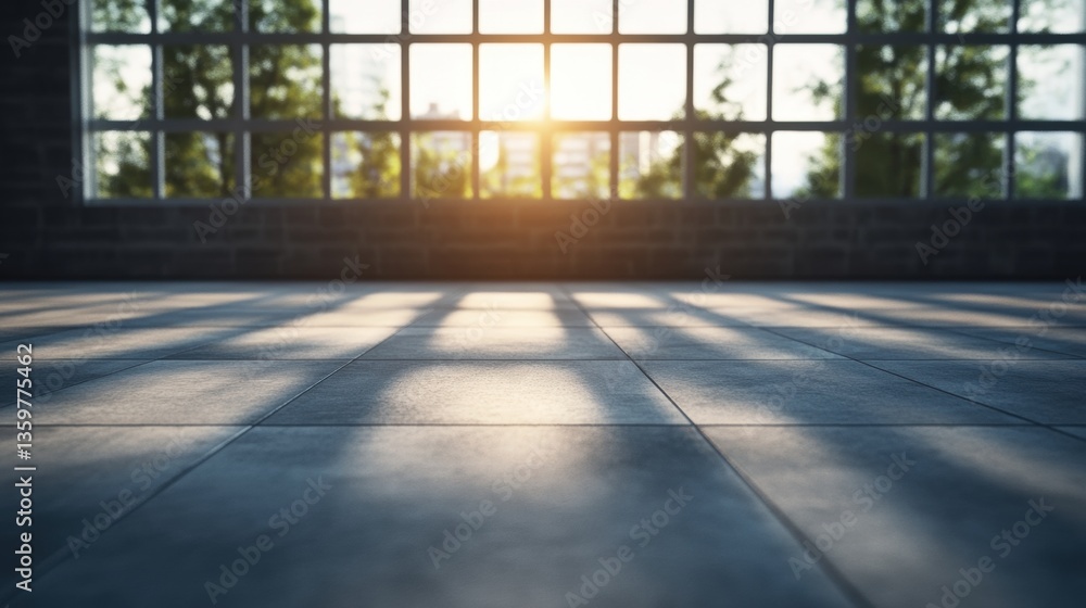 Poster sunlit shadows from a large grid pane window elegantly cast across a dark gray tiled floor within a 