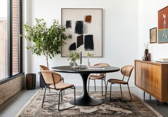 A sleek dining table with a black base and round top, surrounded by chairs in various styles, including a metal frame and rattan weaving, placed on an area rug near the wall adorned with abstract art