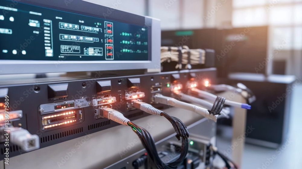 Poster server racks in data center with illuminated indicators in tech room.