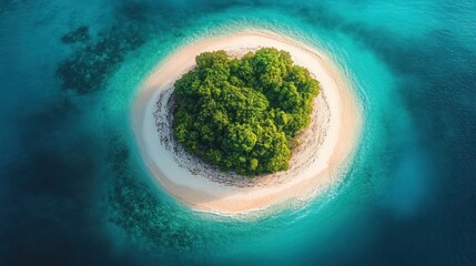 Circular tropical island, vibrant turquoise water, lush vegetation