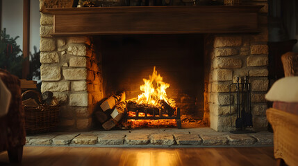 Warm Glowing Embers in a Rustic Stone Fireplace
