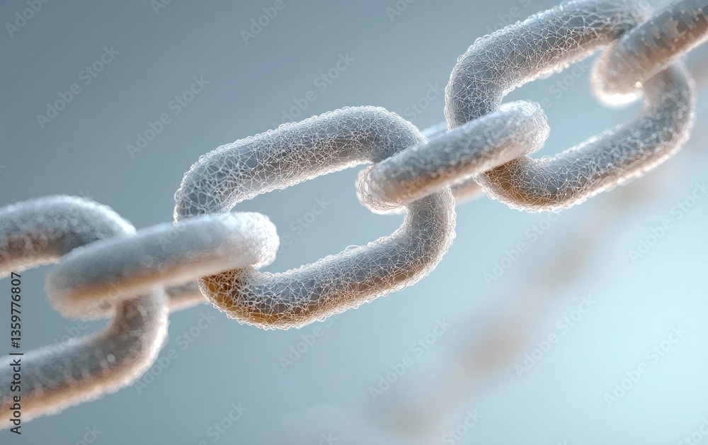 Poster close-up view of a metallic chain link composed of small particles, set against a blurred light-blue