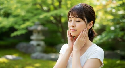 春の日本庭園、若い女性、瞑想、安らぎ：美しい自然と静寂のひととき、癒しの風景写真
