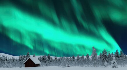 A cabin under a vibrant aurora in a snowy landscape.