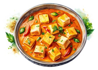 Colorful Watercolor Paneer Butter Masala Silhouette - Indian Food Art