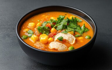 A hearty bowl of vibrant vegetable soup, featuring corn, peas, and croutons, is presented in a dark bowl against a black background. The soup's rich, orange color is complemented by the fresh green