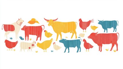 Naklejka premium Vibrant geometric illustration of cows pigs and chickens for modern rustic decor and farm-themed design Generative AI