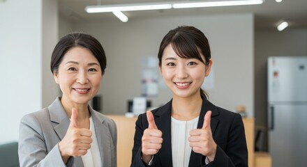 笑顔のビジネスウーマン2人　親指を立てて成功を表すジェスチャー　オフィス　肯定的　ポジティブ