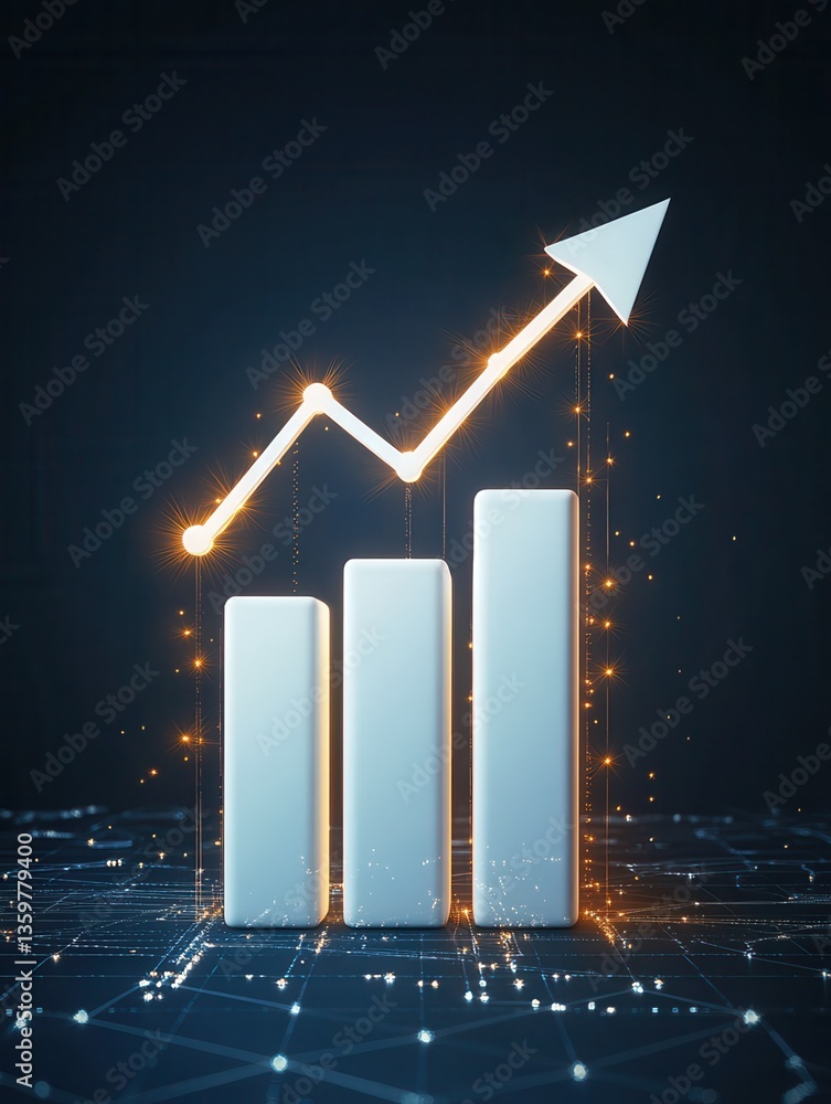 Poster a white 3d bar graph rising upward, an arrow pointing upward with glowing lines. surrounding the gra