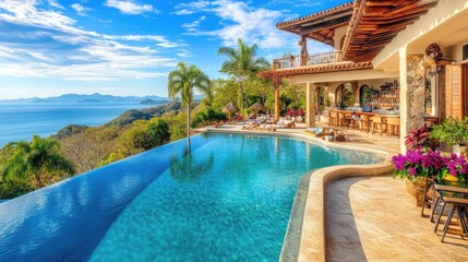 Fototapeta premium A luxury tropical resort pool with a swim-up bar, surrounded by lush palm trees and ocean views.