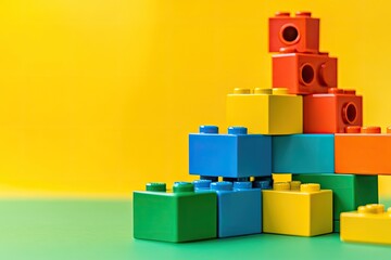 Colorful building blocks arranged in a pyramid shape on a yellow and green background