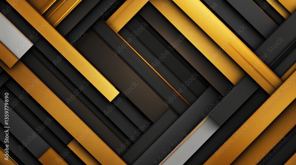Poster abstract geometric pattern with intersecting black and gold stripes creating diagonal layers of subt